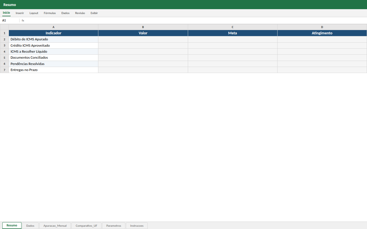 Prévia da planilha Apuração Fiscal e Controle de ICMS — modelo Excel com 1º download grátis