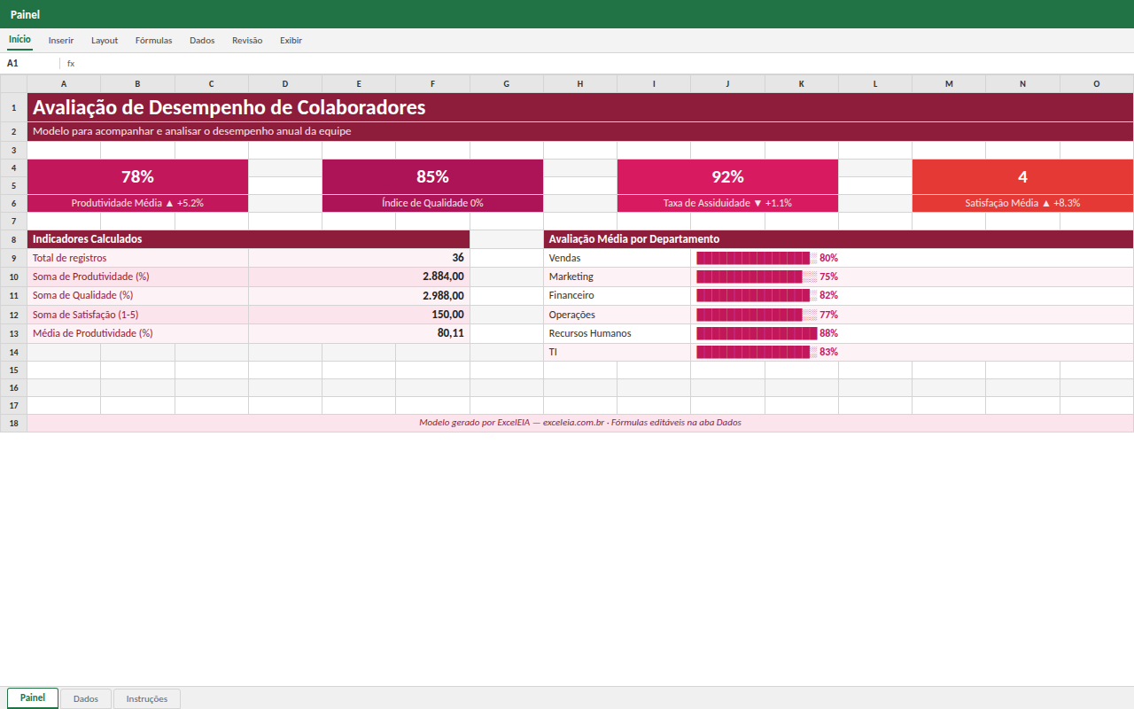 Prévia da planilha Avaliação de Desempenho de Colaboradores — planilha Excel gratuita
