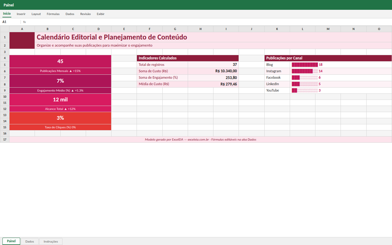 Prévia da planilha Calendário Editorial e Planejamento de Conteúdo — planilha Excel gratuita