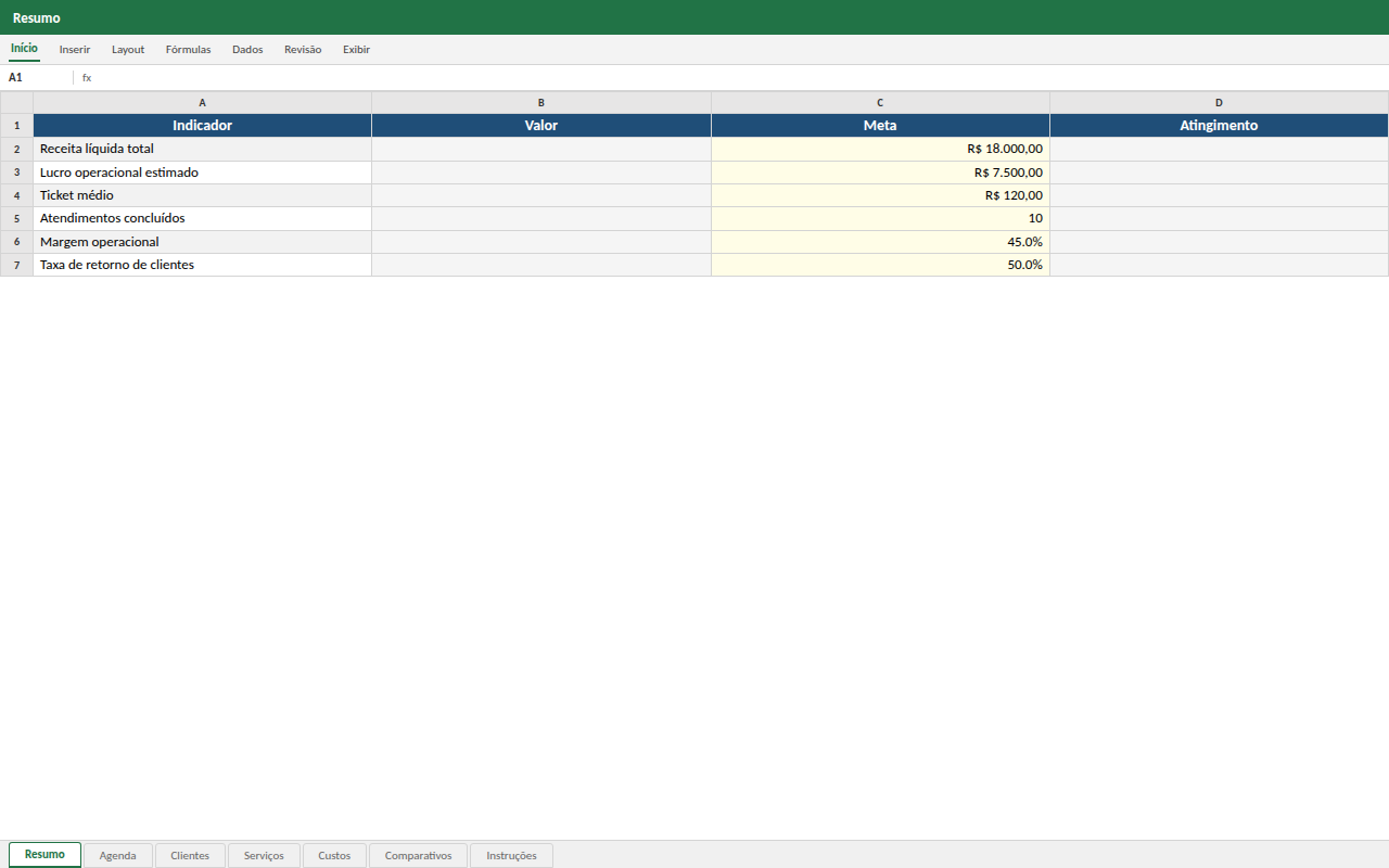 Prévia da planilha Controle Completo de Barbearia — planilha Excel para download
