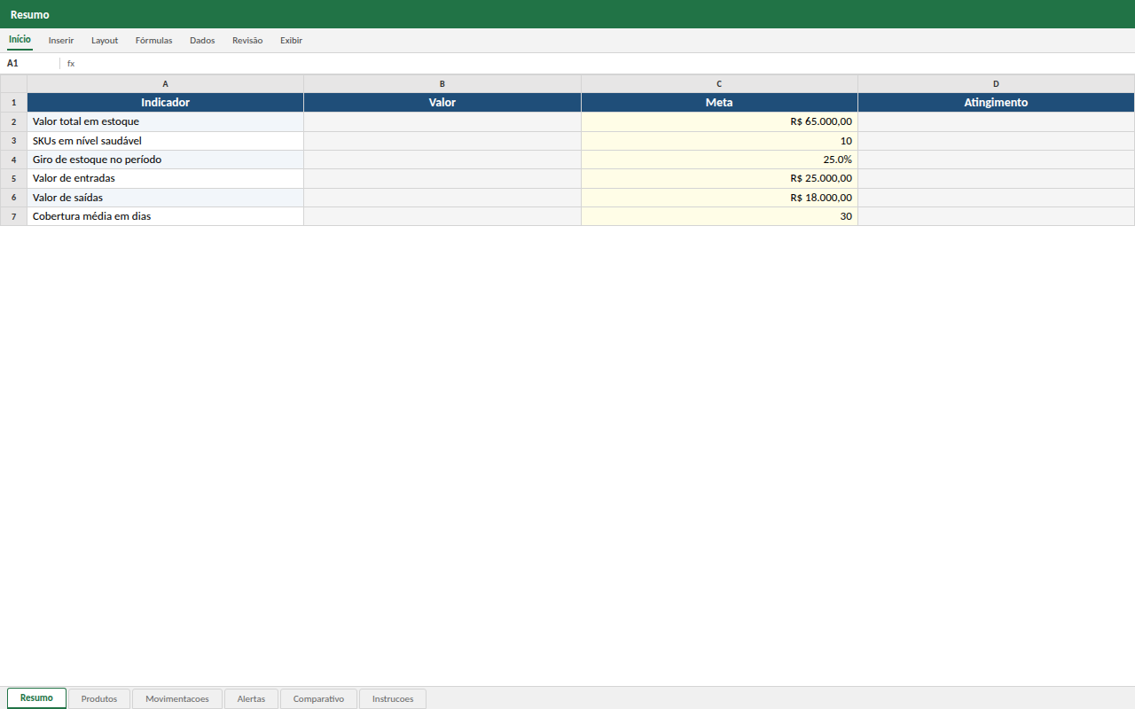 Prévia da planilha Controle Completo de Estoque com Entradas, Saídas e Alertas — modelo de planilha Excel pronto