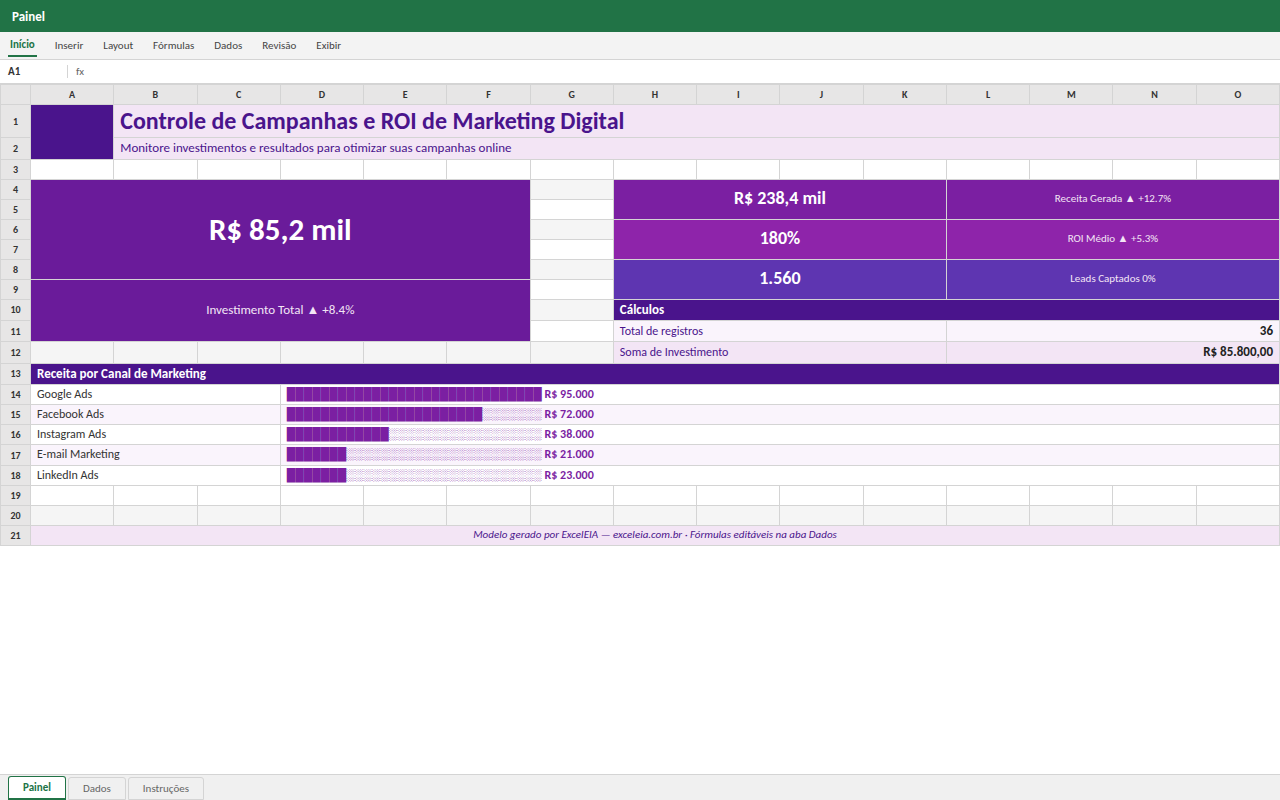 Prévia da planilha Controle de Campanhas e ROI de Marketing Digital — planilha Excel gratuita