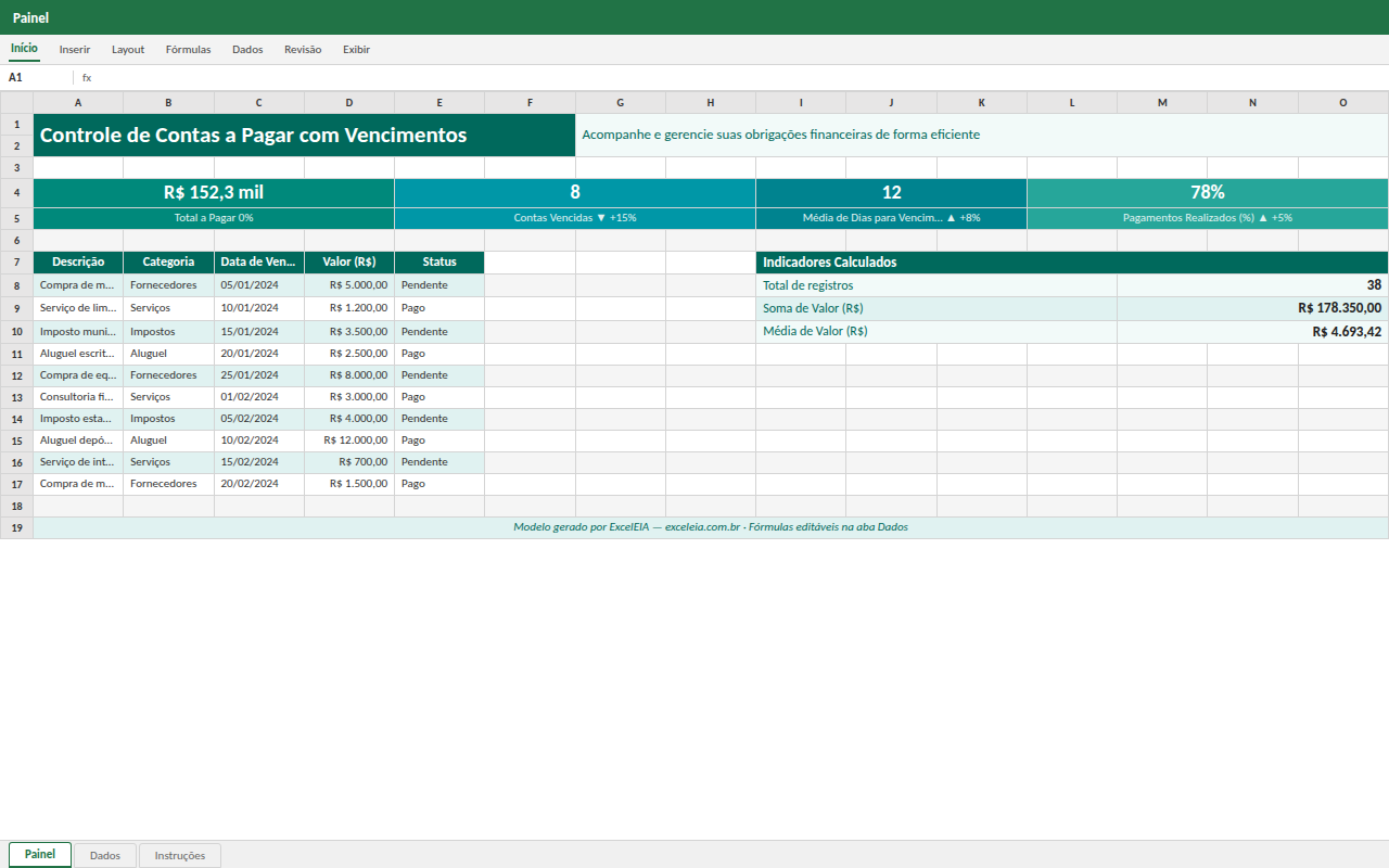 Prévia da planilha Controle de Contas a Pagar com Vencimentos — planilha Excel gratuita