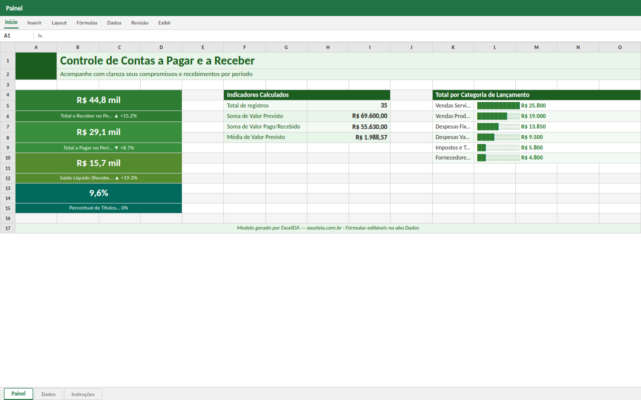 Prévia da planilha Controle de Contas a Pagar e a Receber — planilha Excel gratuita