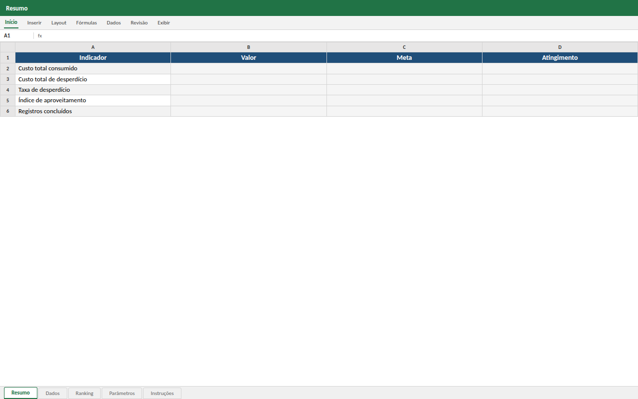 Prévia da planilha Controle de Desperdício e Consumo Comercial — planilha Excel para download