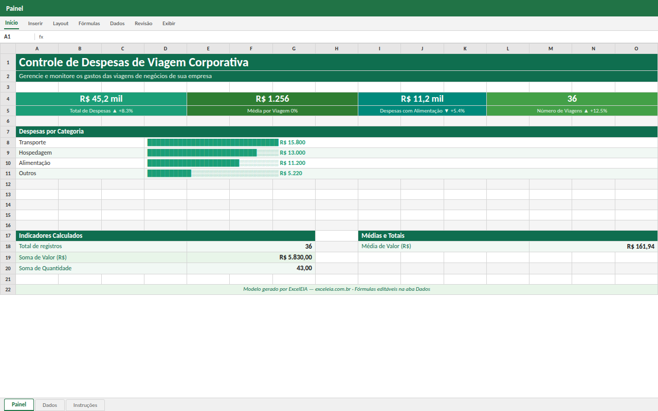 Prévia da planilha Controle de Despesas de Viagem Corporativa — planilha Excel gratuita