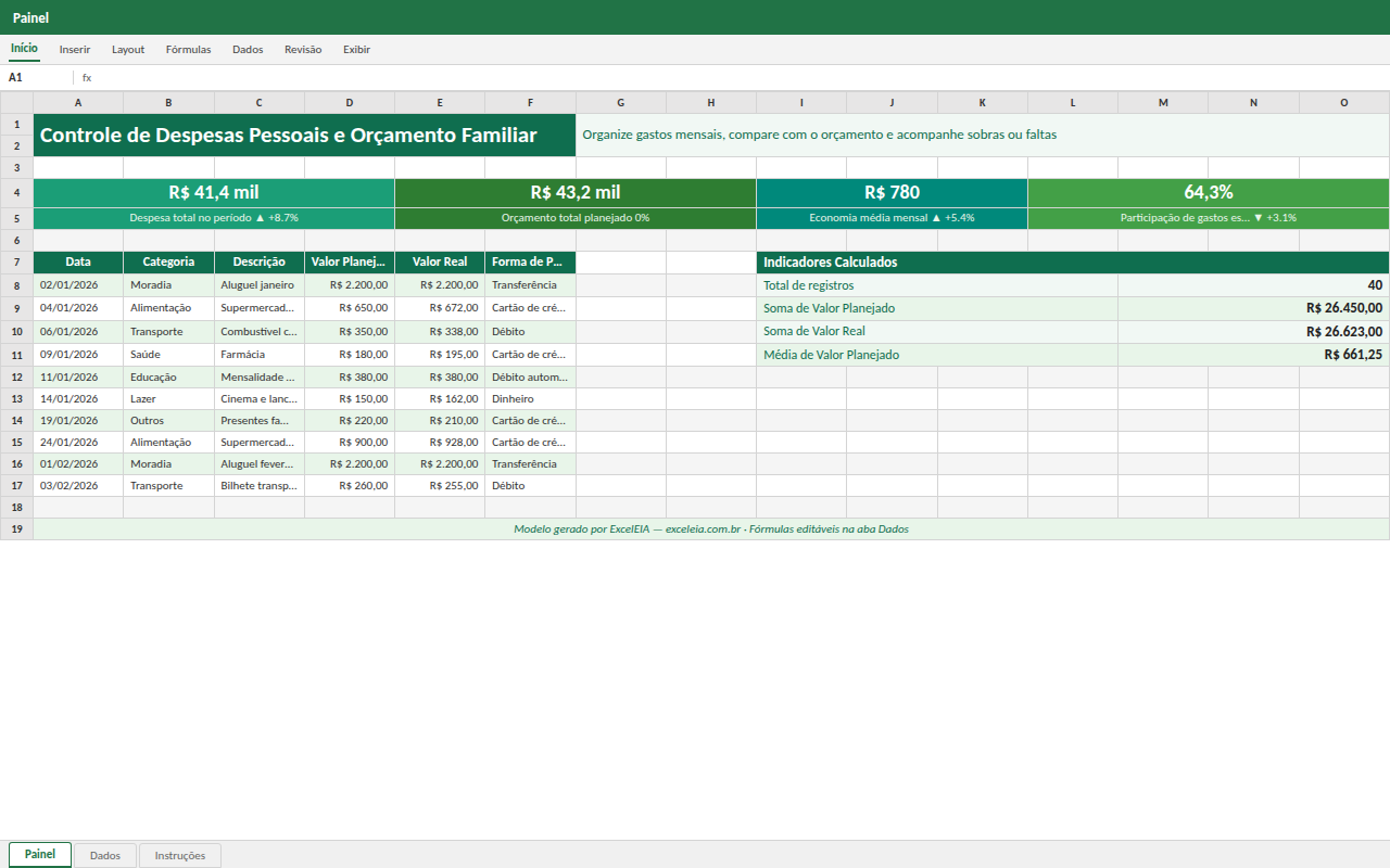 Prévia da planilha Controle de Despesas Pessoais e Orçamento Familiar — planilha Excel gratuita