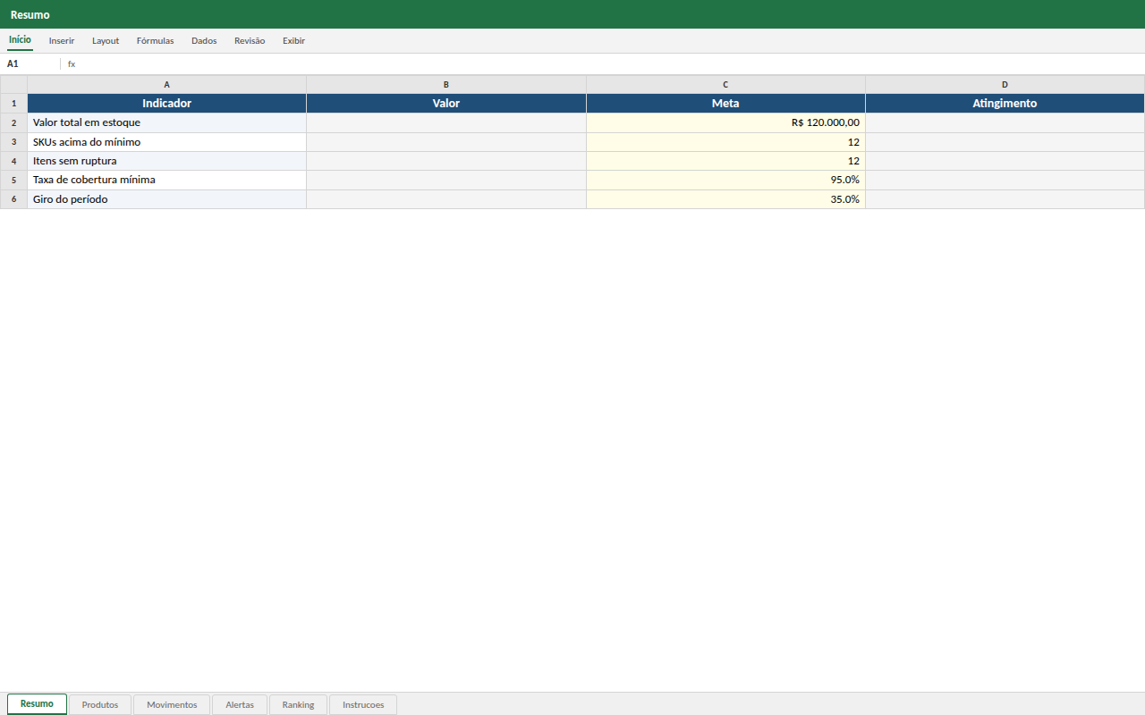 Prévia da planilha Controle de Estoque com Alertas — modelo Excel com 1º download grátis