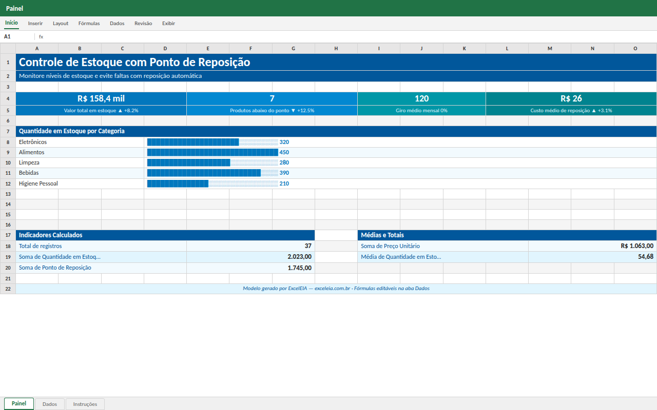 Prévia da planilha Controle de Estoque com Ponto de Reposição — planilha Excel gratuita