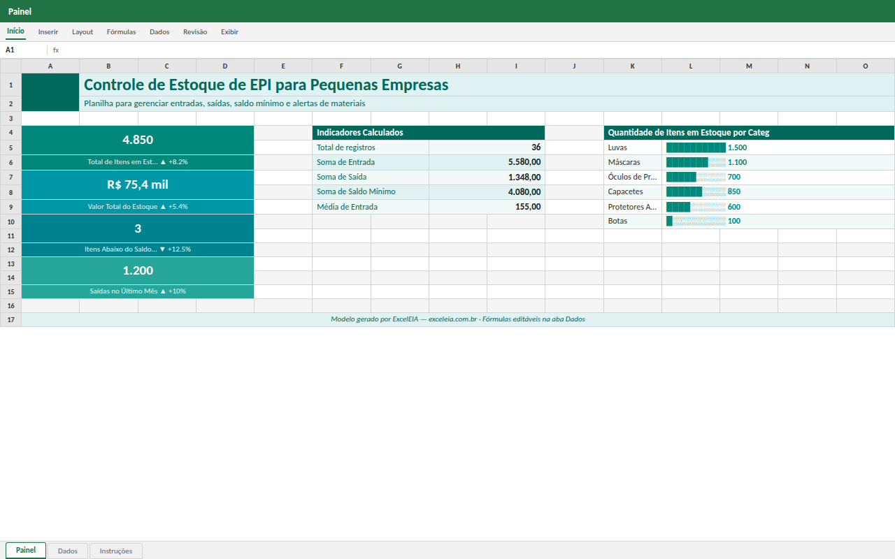 Prévia da planilha Controle de Estoque de EPI para Pequenas Empresas — modelo de planilha Excel pronto