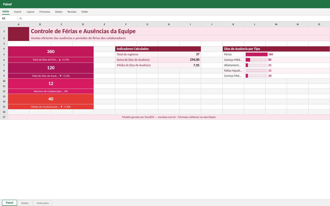 Prévia da planilha Controle de Férias e Ausências da Equipe — planilha Excel gratuita