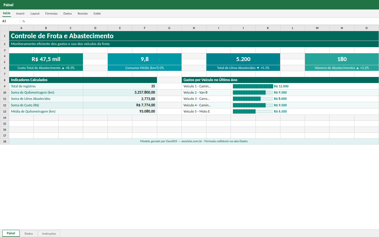 Prévia da planilha Controle de Frota e Abastecimento — planilha Excel gratuita