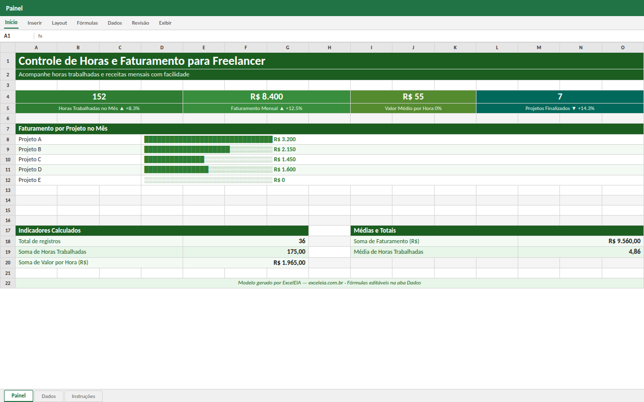 Prévia da planilha Controle de Horas e Faturamento para Freelancer — planilha Excel gratuita