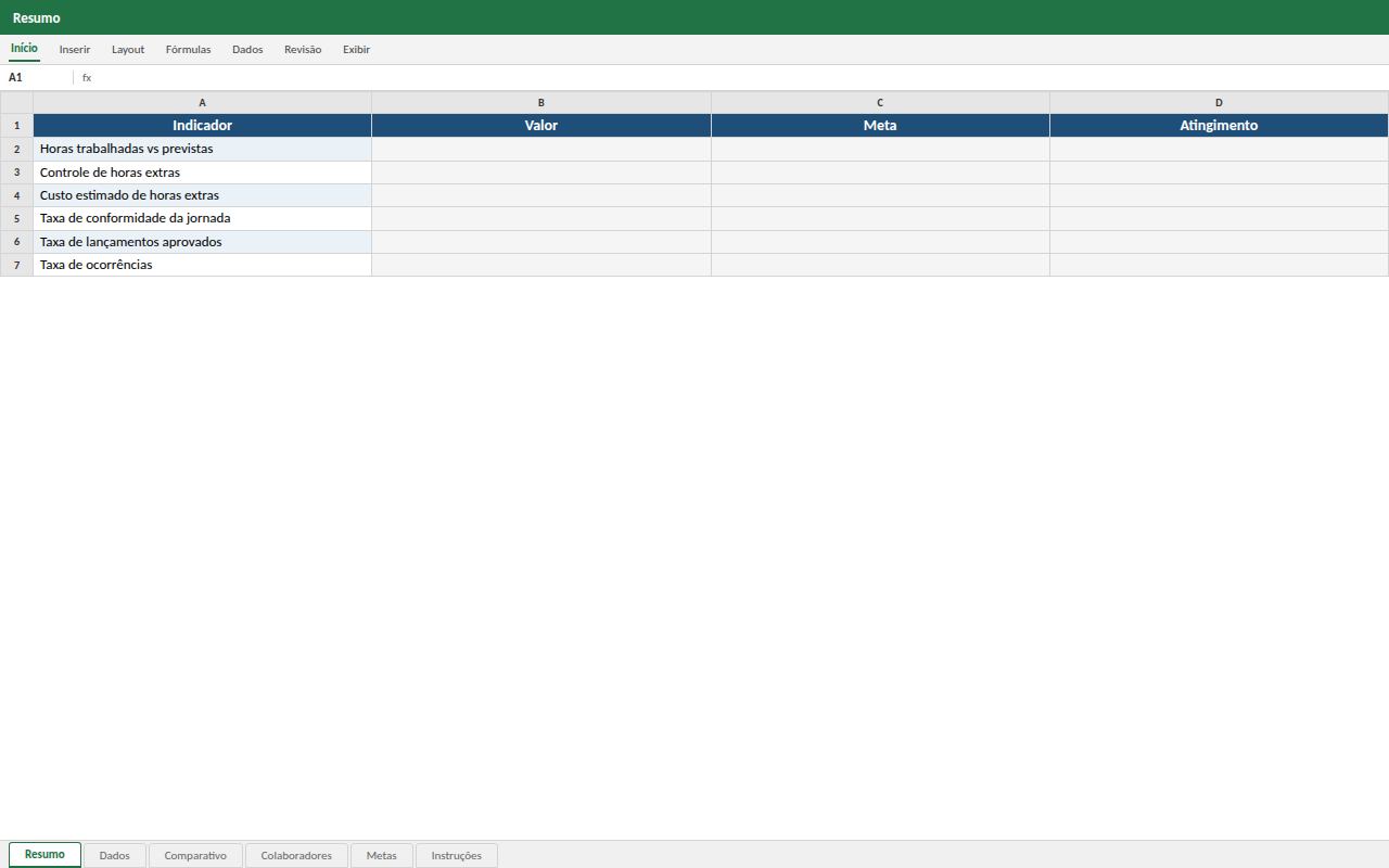 Prévia da planilha Controle de Horas e Jornada de Trabalho — modelo de planilha Excel pronto