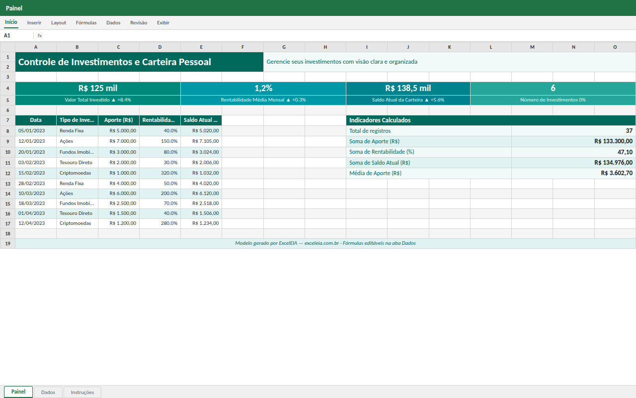 Prévia da planilha Controle de Investimentos e Carteira Pessoal — planilha Excel gratuita