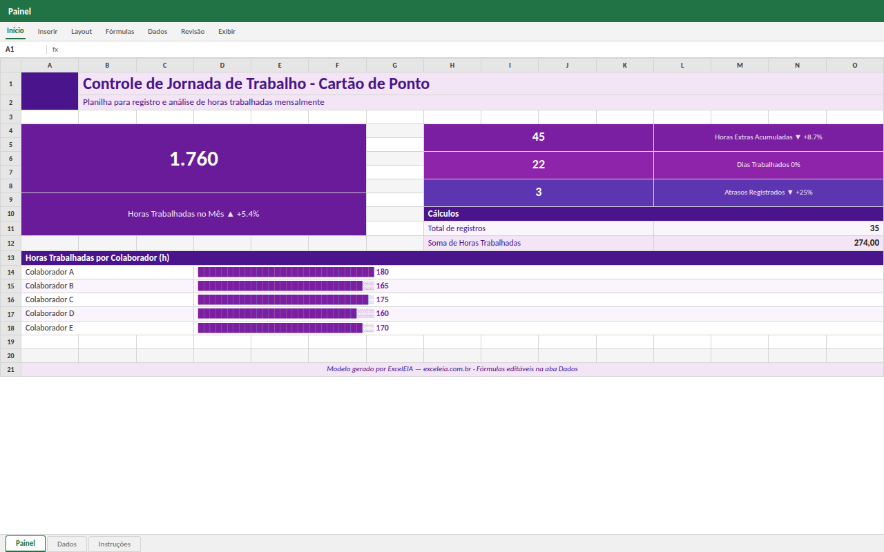 Prévia da planilha Controle de Jornada de Trabalho - Cartão de Ponto — modelo Excel com 1º download grátis