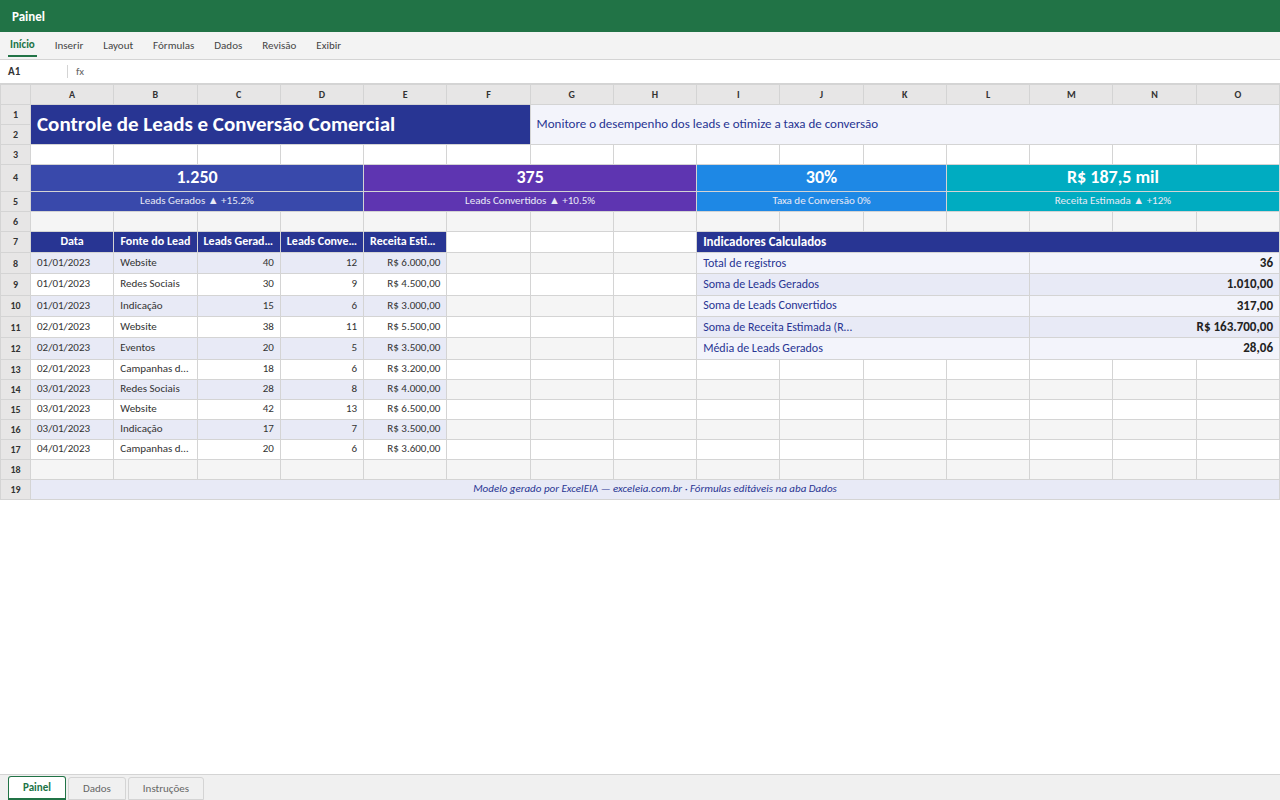 Prévia da planilha Controle de Leads e Conversão Comercial — planilha Excel gratuita