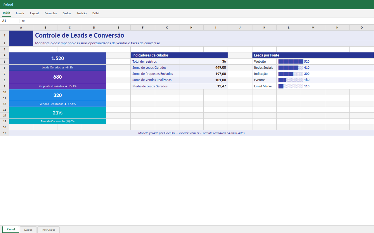 Prévia da planilha Controle de Leads e Conversão — planilha Excel gratuita
