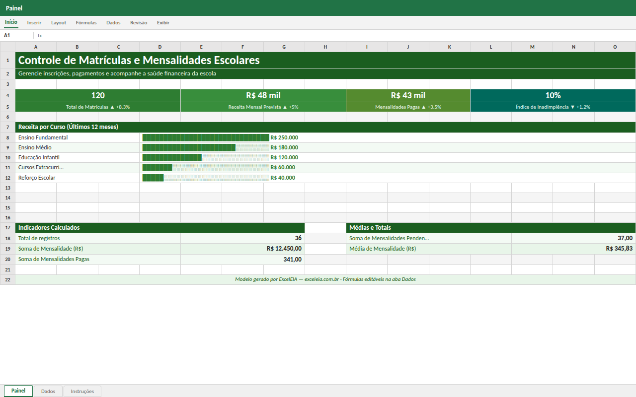 Prévia da planilha Controle de Matrículas e Mensalidades Escolares — planilha Excel gratuita