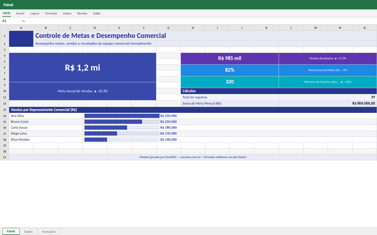 Prévia da planilha Controle de Metas e Desempenho Comercial — planilha Excel gratuita