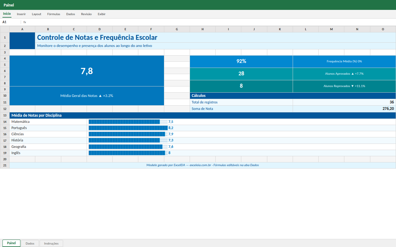Prévia da planilha Controle de Notas e Frequência Escolar — planilha Excel gratuita