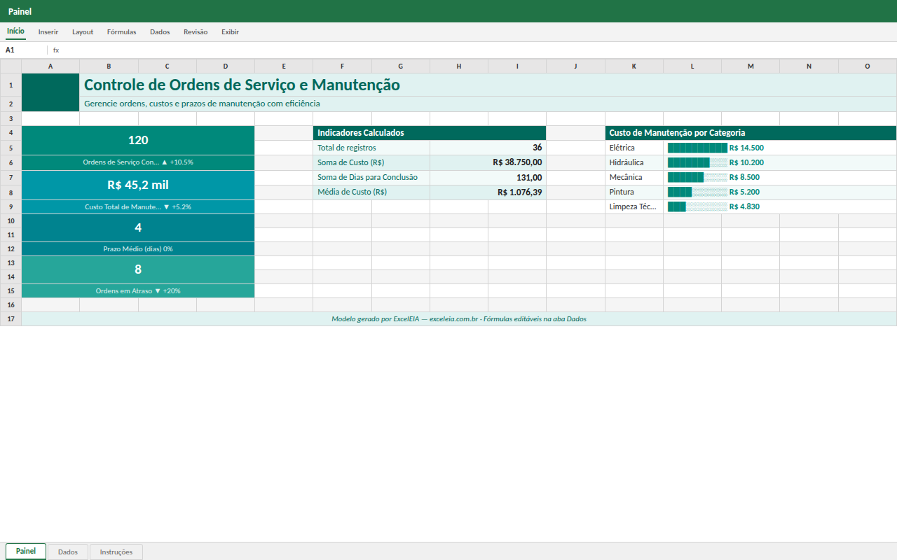 Prévia da planilha Controle de Ordens de Serviço e Manutenção — planilha Excel gratuita