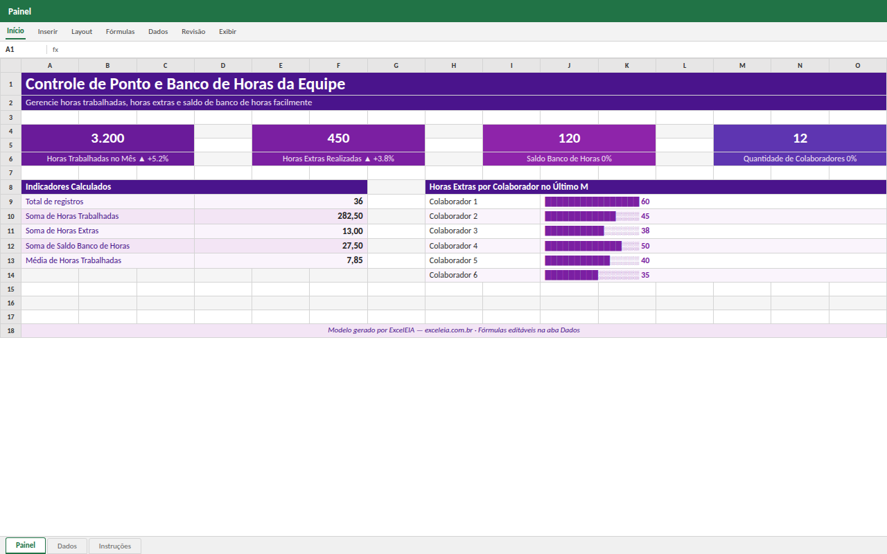 Prévia da planilha Controle de Ponto e Banco de Horas da Equipe — planilha Excel gratuita