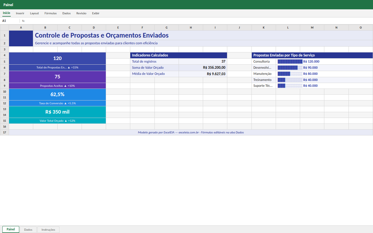 Prévia da planilha Controle de Propostas e Orçamentos Enviados — planilha Excel gratuita