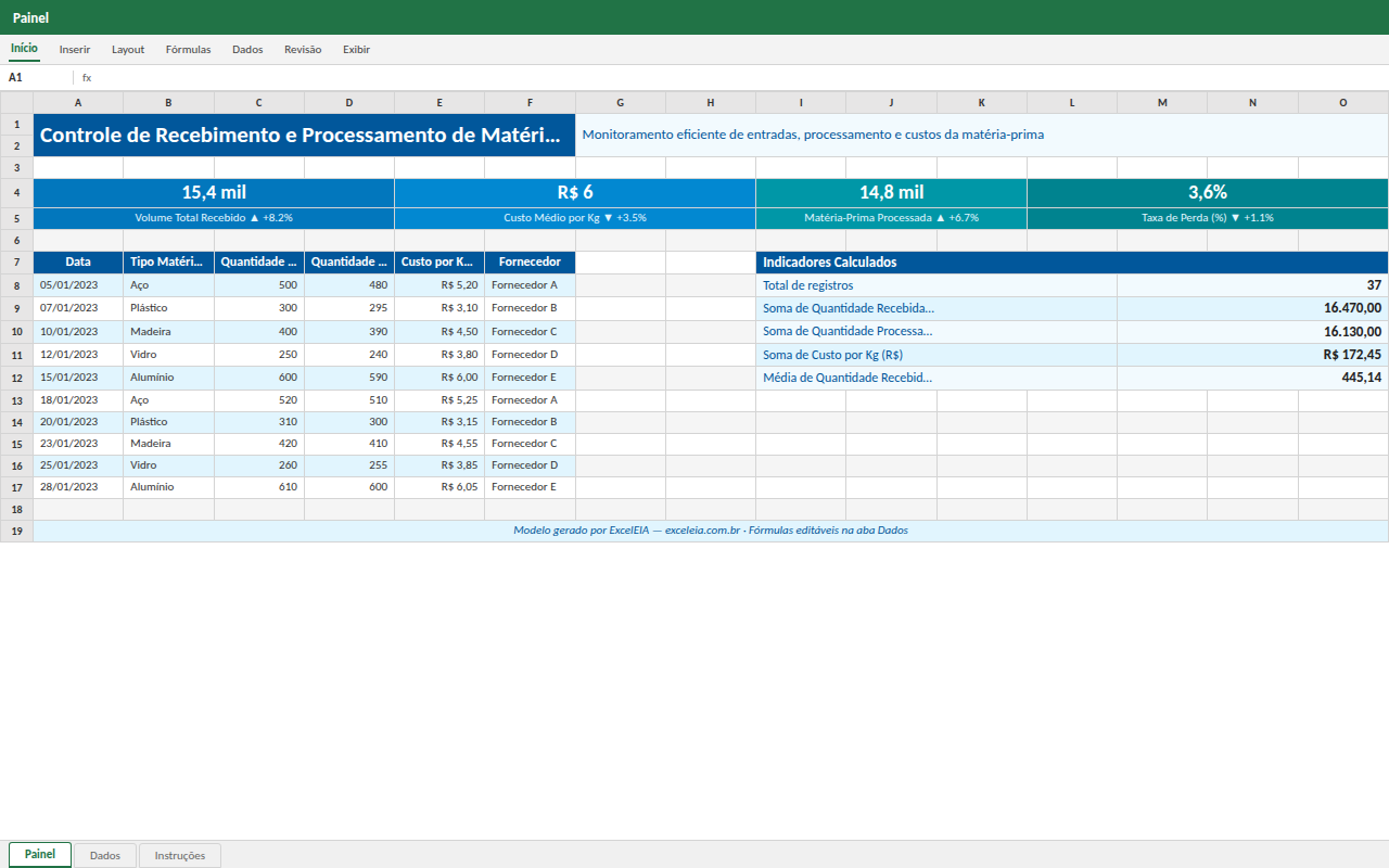 Prévia da planilha Controle de Recebimento e Processamento de Matéria-Prima — planilha Excel para download