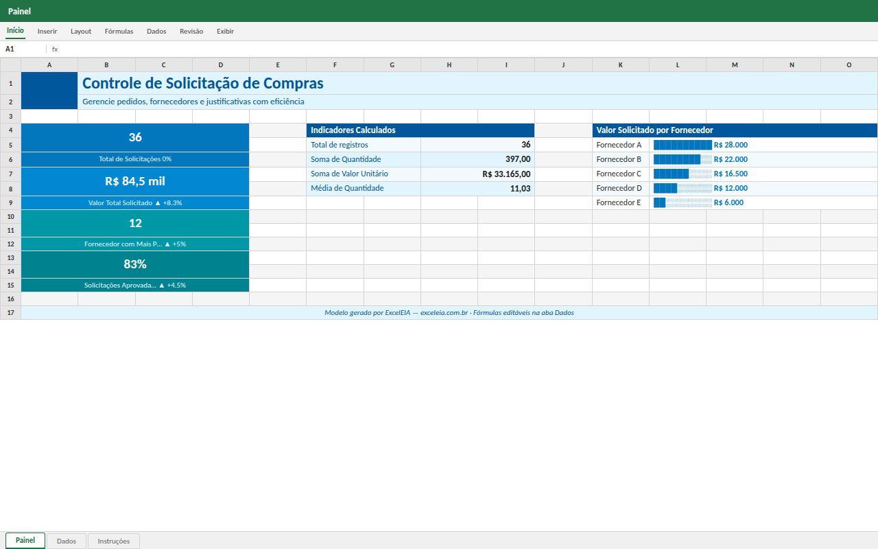 Prévia da planilha Controle de Solicitação de Compras — planilha Excel para download