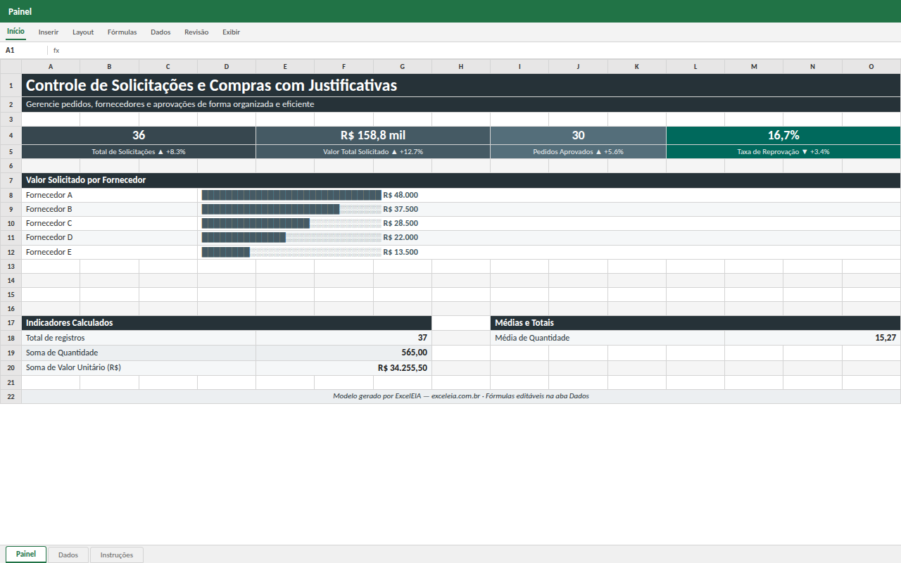 Prévia da planilha Controle de Solicitações e Compras com Justificativas — modelo Excel com 1º download grátis