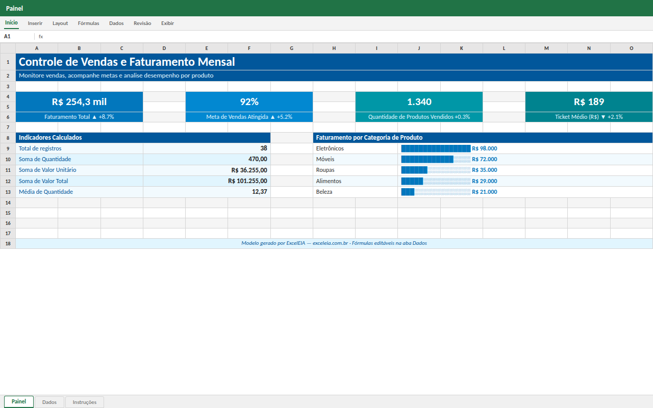 Prévia da planilha Controle de Vendas e Faturamento Mensal — planilha Excel para download
