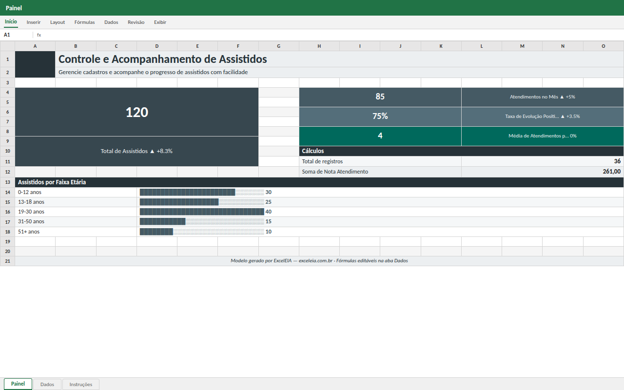 Prévia da planilha Controle e Acompanhamento de Assistidos — planilha Excel para download