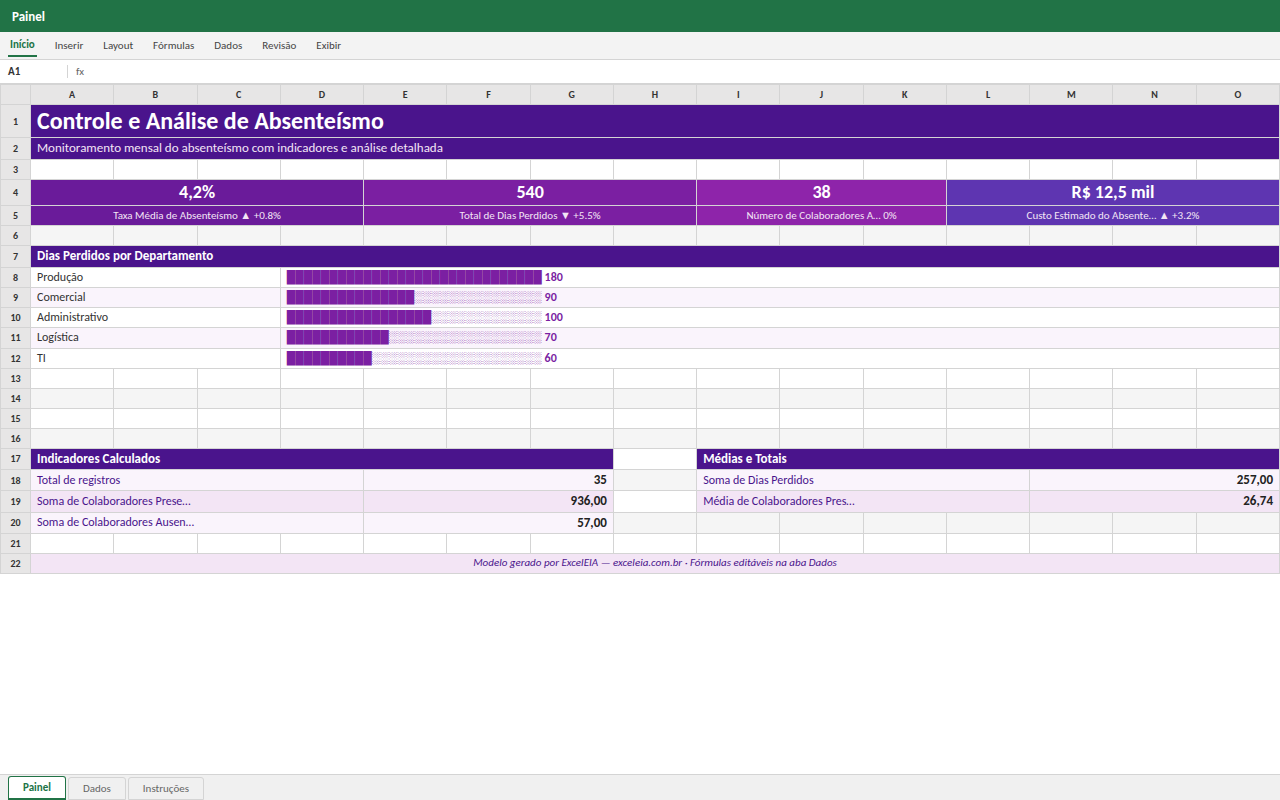 Prévia da planilha Controle e Análise de Absenteísmo — modelo Excel com 1º download grátis