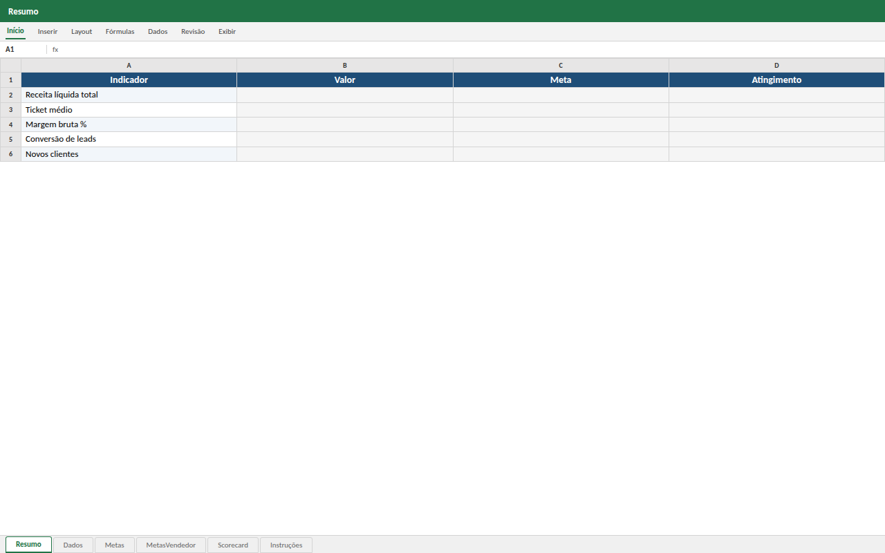 Prévia da planilha Controle e Análise Executiva de Vendas — modelo Excel com 1º download grátis