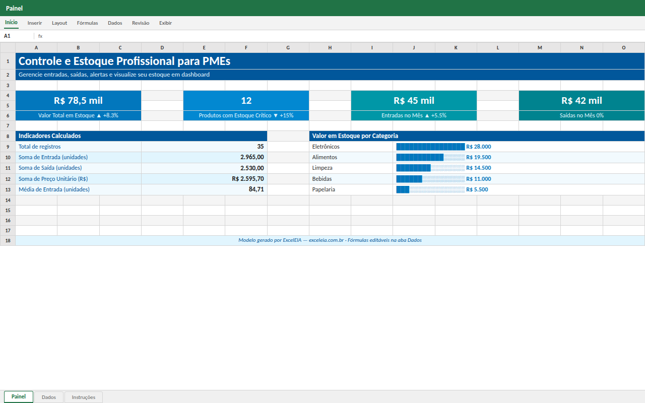 Prévia da planilha Controle e Estoque Profissional para PMEs — planilha Excel para download