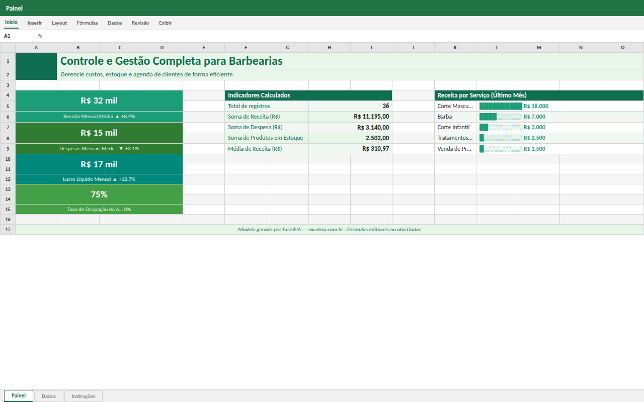 Prévia da planilha Controle e Gestão Completa para Barbearias — modelo de planilha Excel pronto