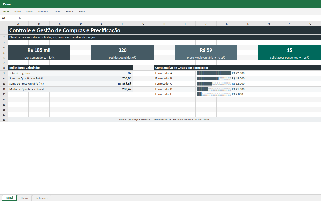 Prévia da planilha Controle e Gestão de Compras e Precificação — modelo Excel com 1º download grátis