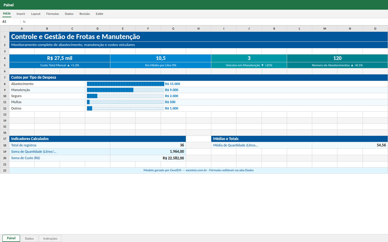 Prévia da planilha Controle e Gestão de Frotas e Manutenção — planilha Excel para download