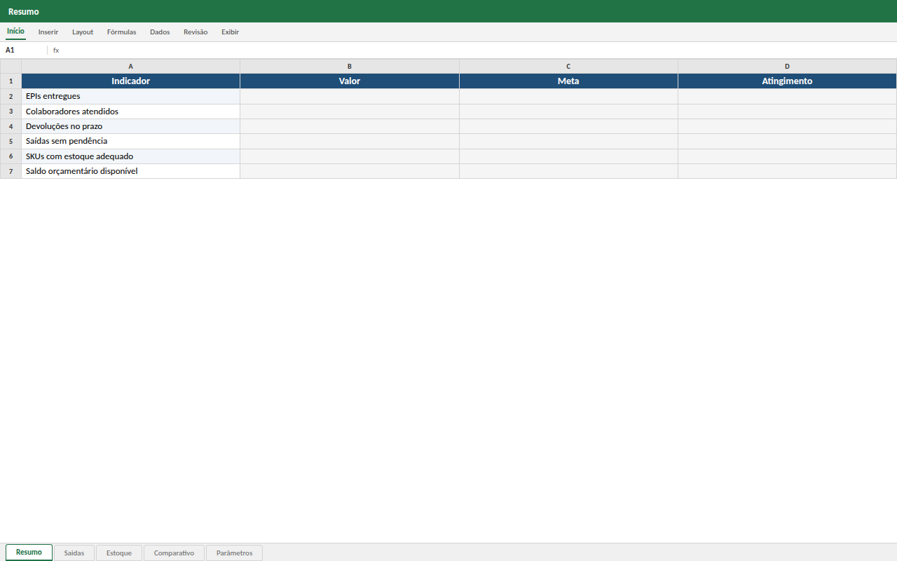 Prévia da planilha Controle e Gestão de Saída de EPIs — planilha Excel para download
