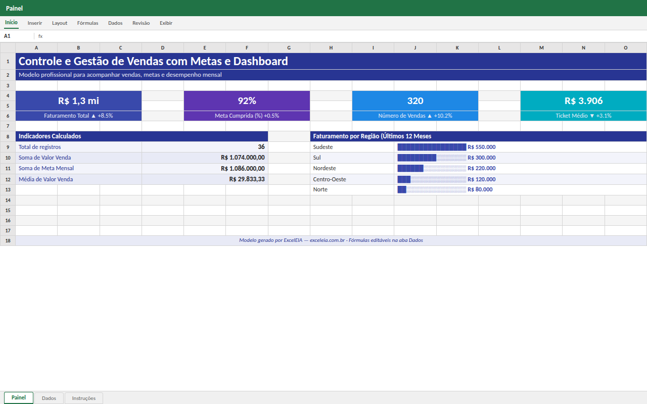 Prévia da planilha Controle e Gestão de Vendas com Metas e Dashboard — modelo de planilha Excel pronto