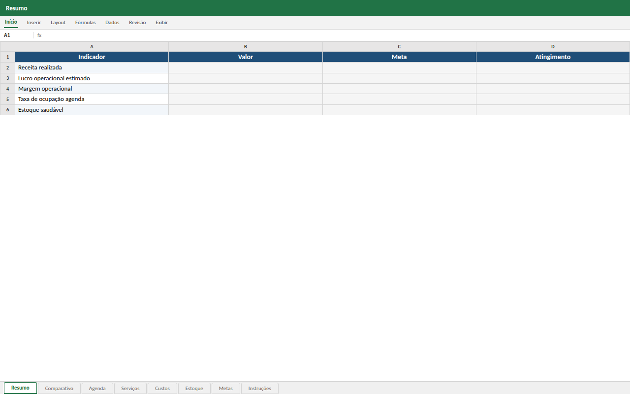Prévia da planilha Controle e Gestão Executiva de Barbearia — planilha Excel para download