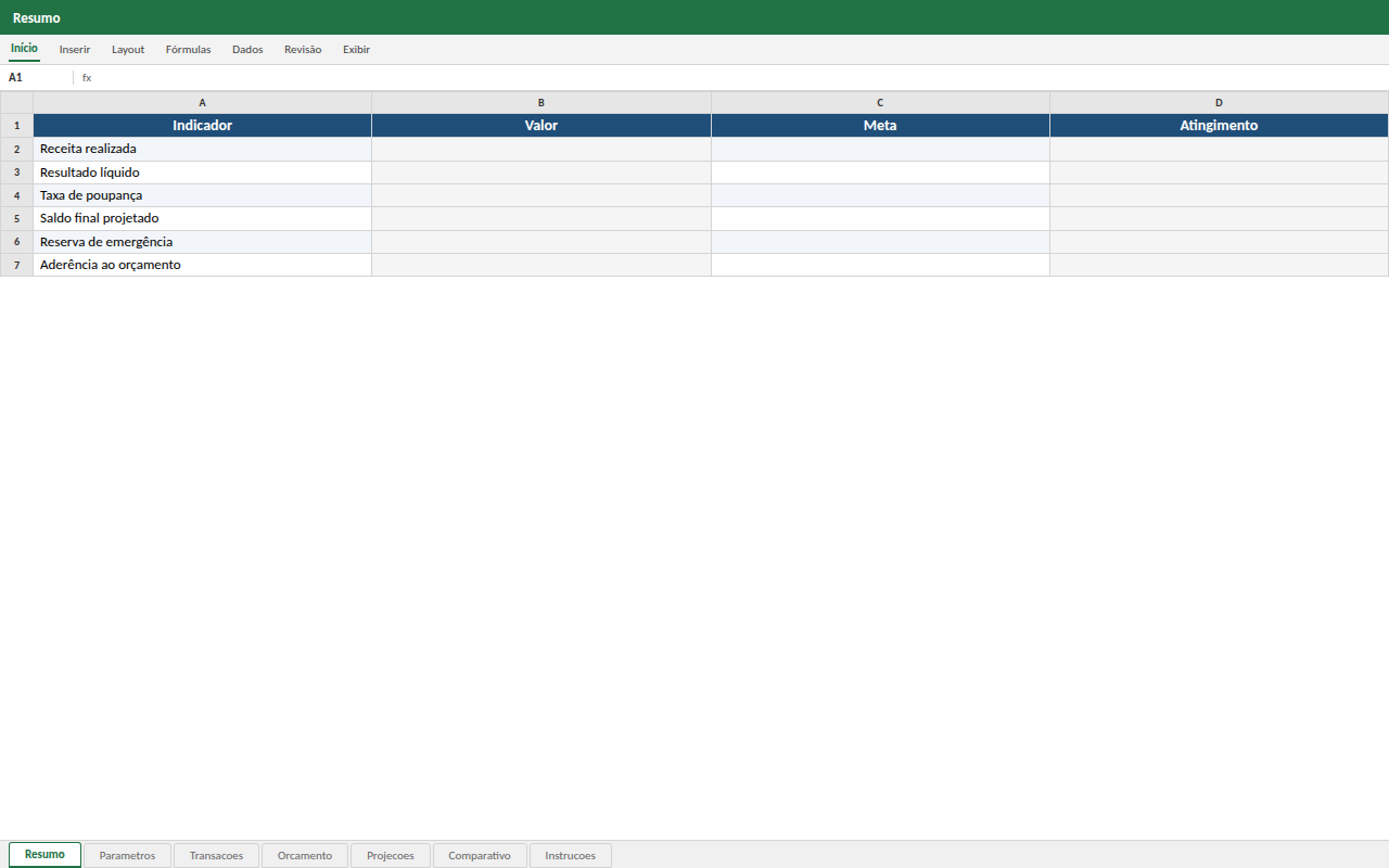 Prévia da planilha Controle e Gestão Financeira Pessoal e Empresarial com Projeções — modelo Excel com 1º download grátis