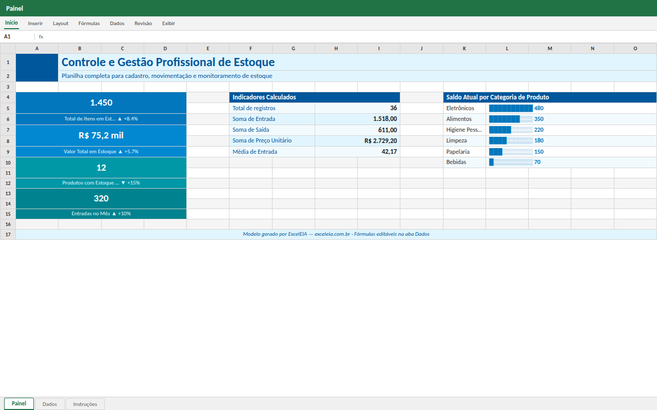 Prévia da planilha Controle e Gestão Profissional de Estoque — planilha Excel para download