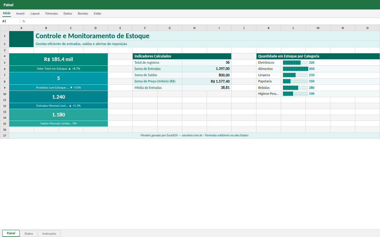 Prévia da planilha Controle e Monitoramento de Estoque — modelo de planilha Excel pronto
