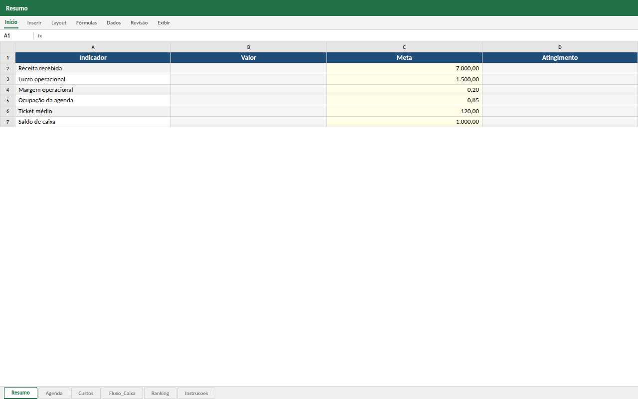 Prévia da planilha Controle Executivo de Barbearia — planilha Excel para download