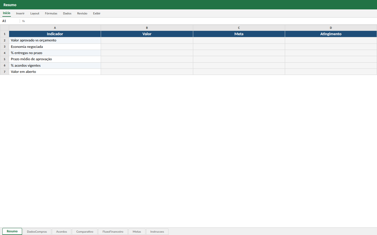 Prévia da planilha Controle Executivo de Compras, Acordos e Fluxo Financeiro — modelo Excel com 1º download grátis
