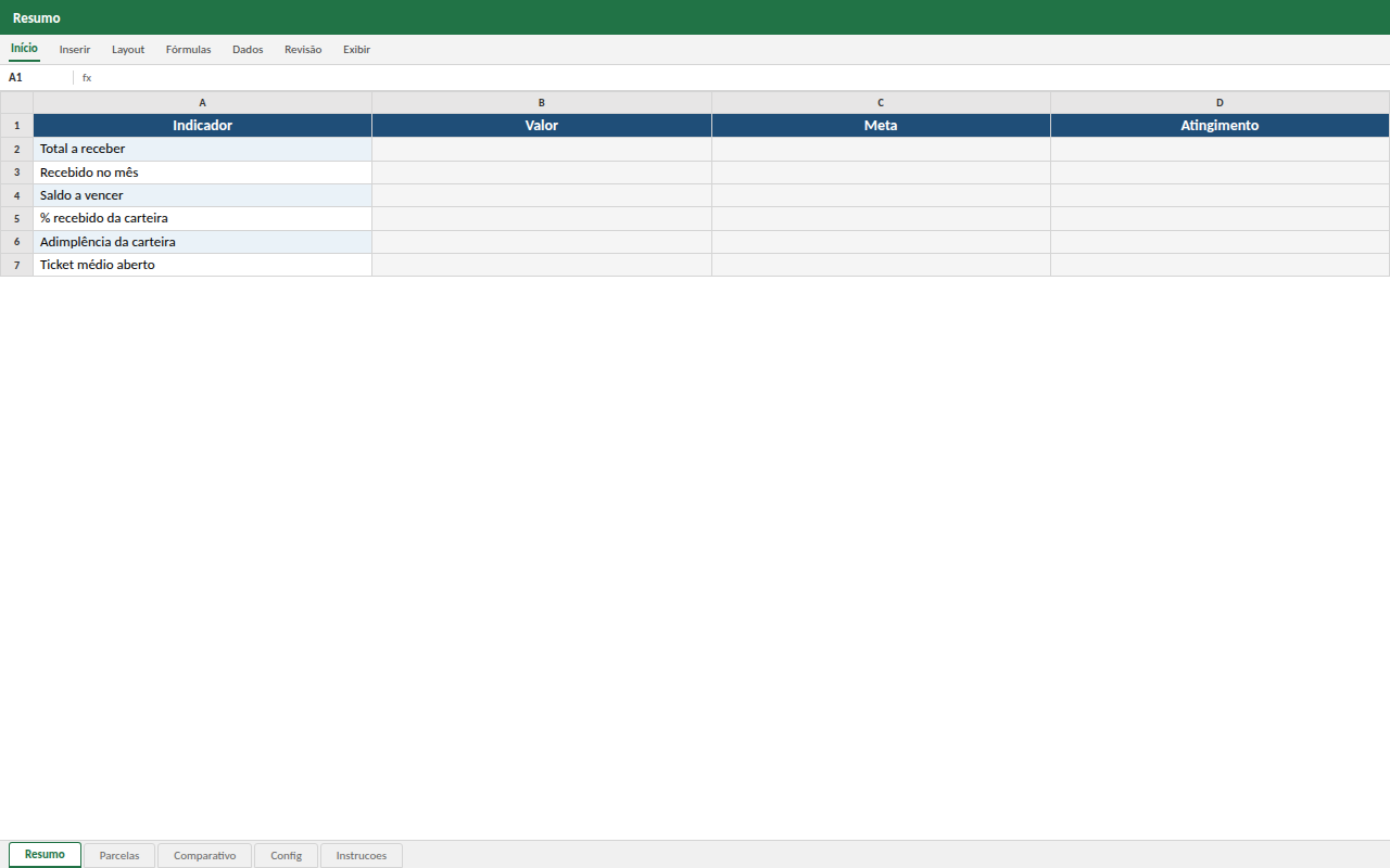 Prévia da planilha Controle Executivo de Contas a Receber — modelo Excel com 1º download grátis