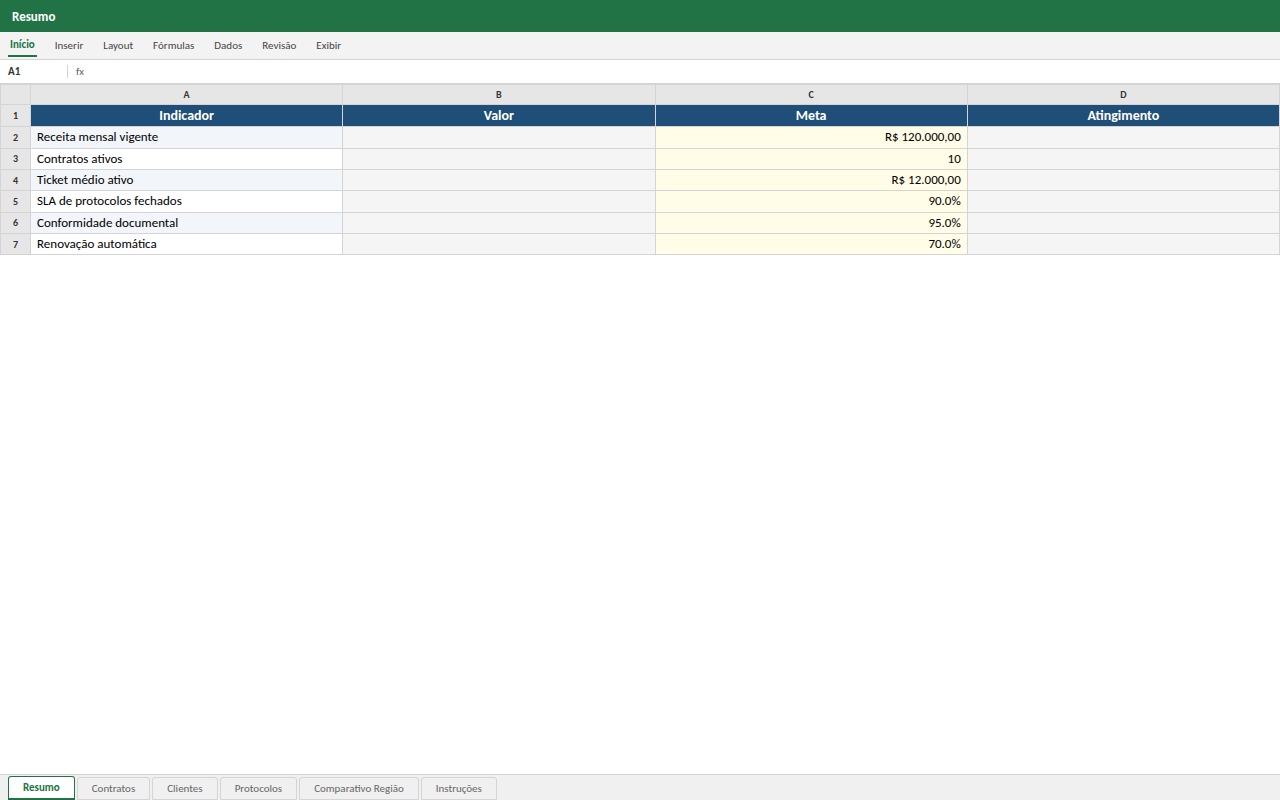 Prévia da planilha Controle Executivo de Contratos, Clientes e Protocolos — planilha Excel para download