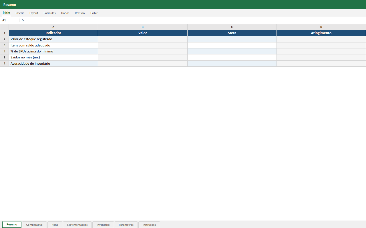 Prévia da planilha Controle Executivo de Estoque e Inventário — planilha Excel para download